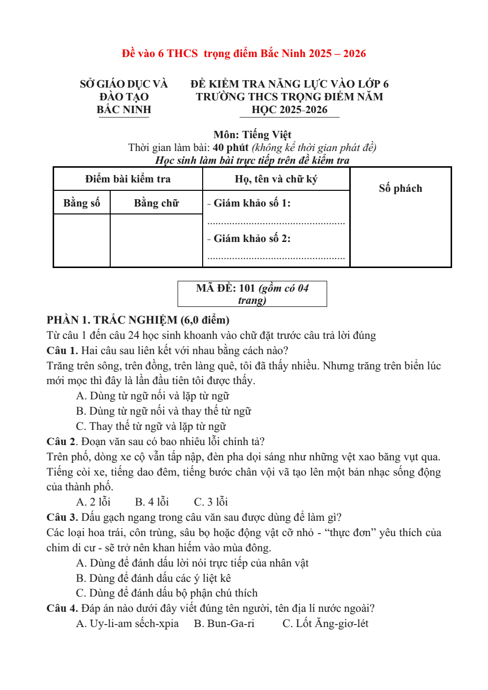 Đề thi thử vào lớp 6 môn Tiếng Việt trường THCS Trọng điểm Bắc Ninh (mã đề 101) năm 2026