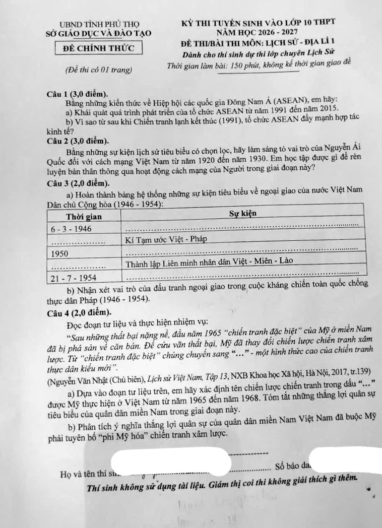 Giải Đề tuyển sinh vào 10 Lịch Sử - Địa Lí 1 (chuyên Lịch Sử) 2026-2027 Sở Phú Thọ