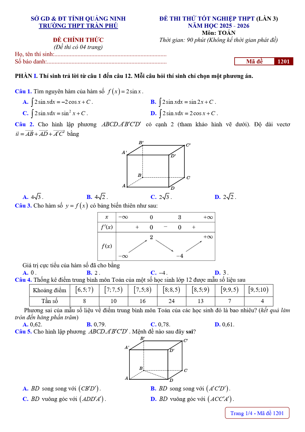Đề thi thử Tốt nghiệp THPT Toán 2025-2026 trường THPT Trần Phú (lần 3) (Quảng Ninh)
