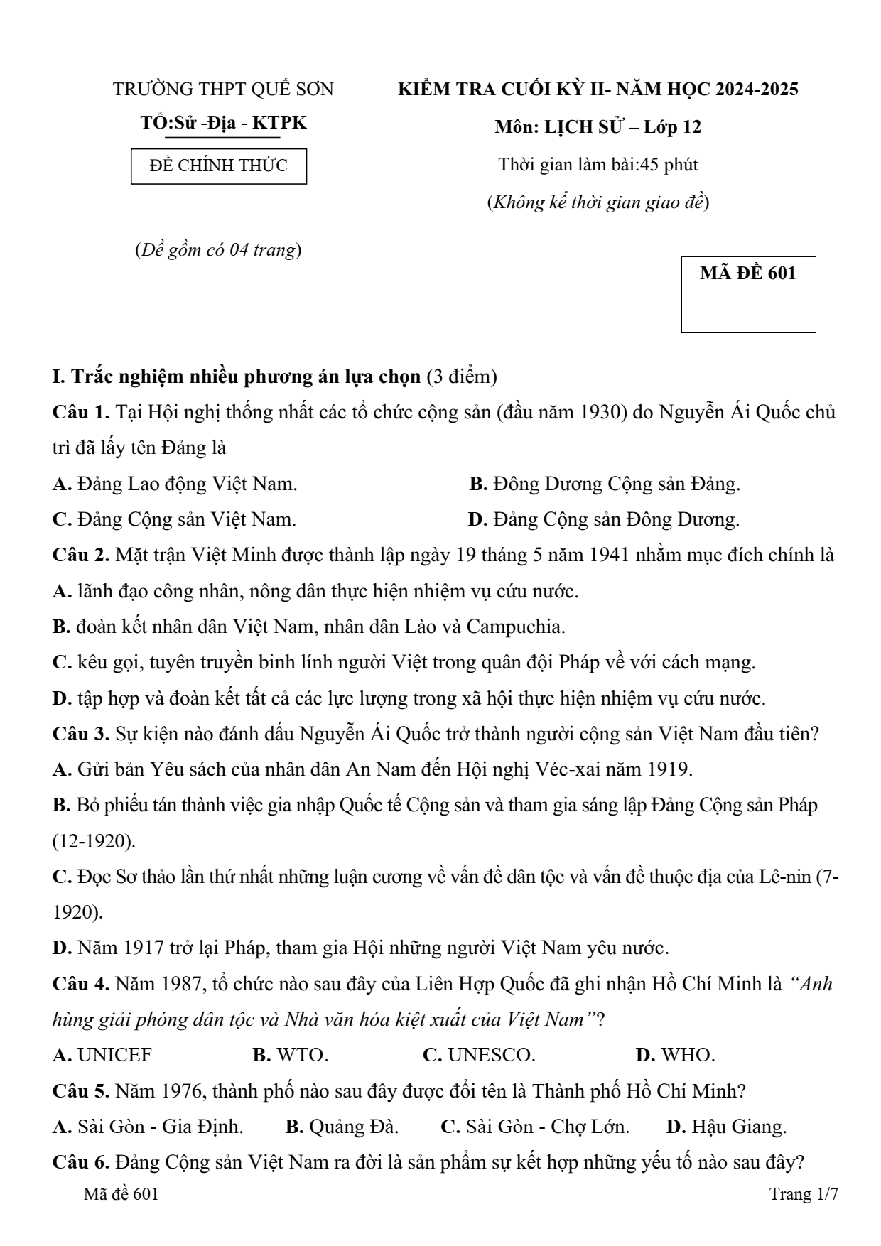 Đề thi Học kì 2 Lịch sử 12 năm 2024 - 2025 trường THPT Quế Sơn (Đà Nẵng)