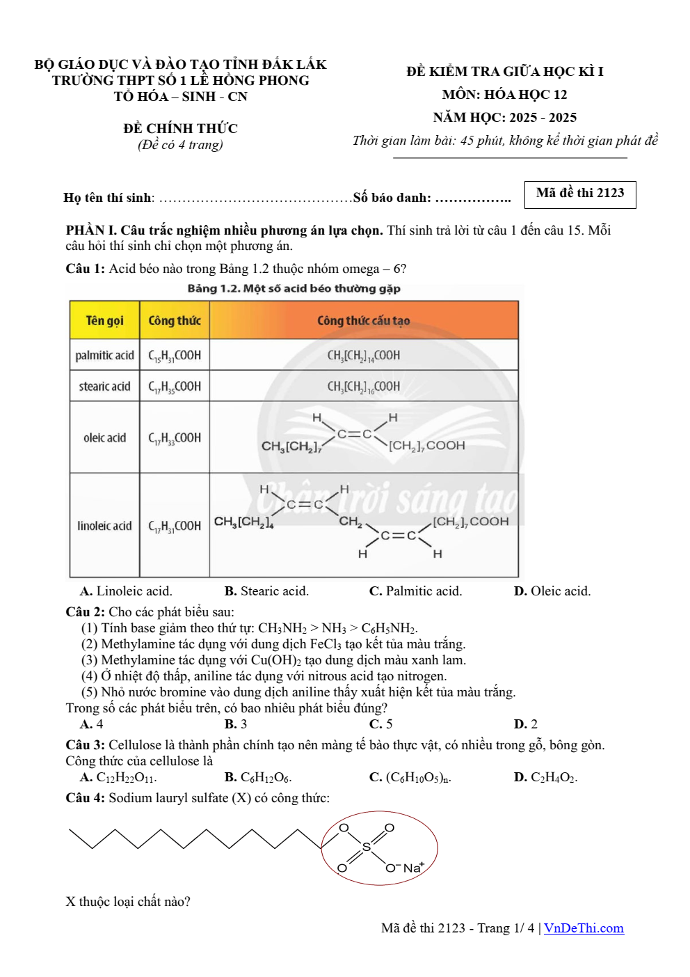 Đề thi Giữa kì 1 Hóa học 12 năm 2025 - 2026 trường THPT số 1 Lê Hồng Phong (Đắk Lắk)