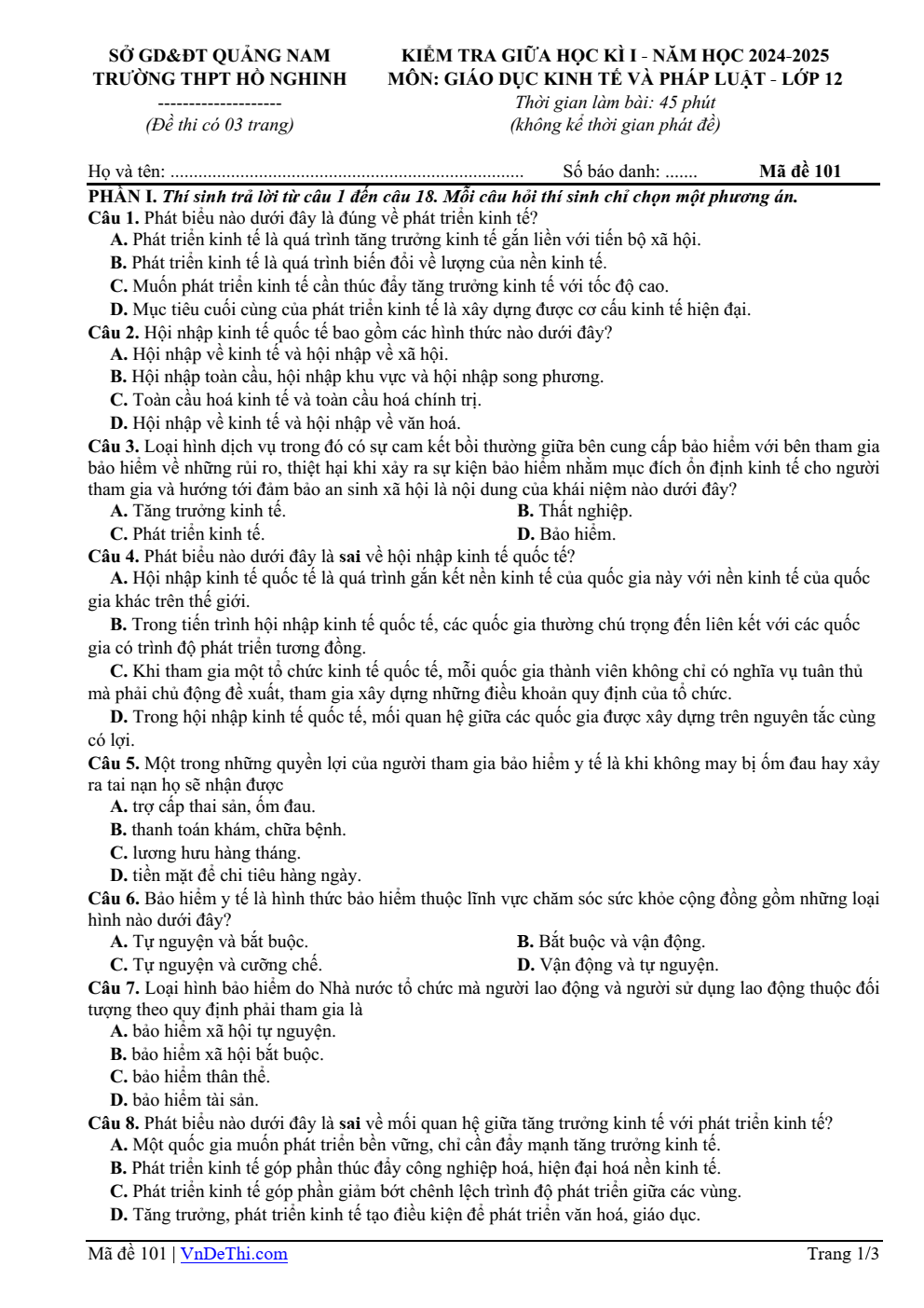 Đề thi Giữa kì 1 KTPL 12 năm 2024-2025 trường THPT Hồ Nghinh (Quảng Nam)