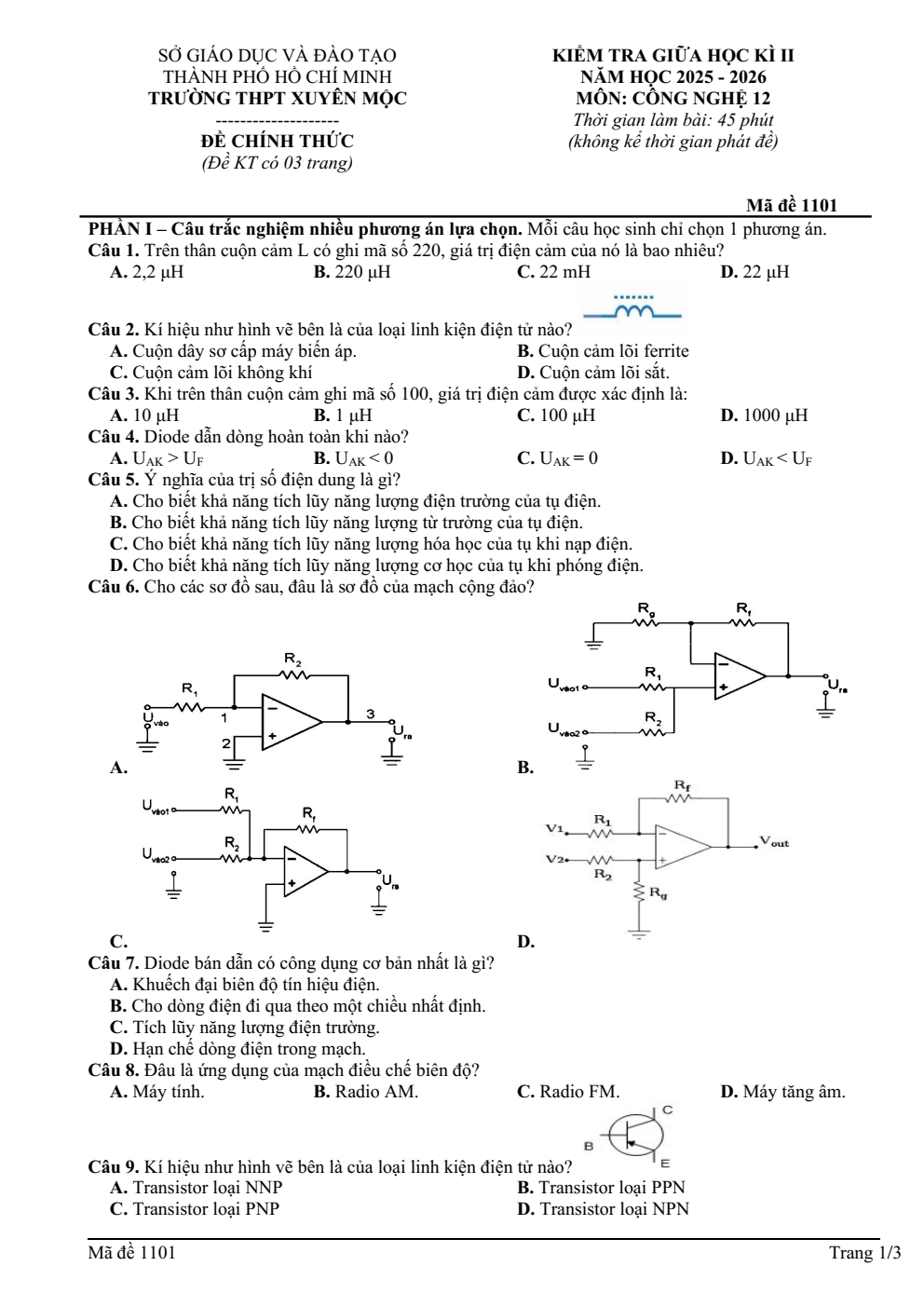 Đề thi Giữa kì 2 Công nghệ 12 năm 2025-2026 trường THPT Xuyên Mộc (TP Hồ Chí Minh)