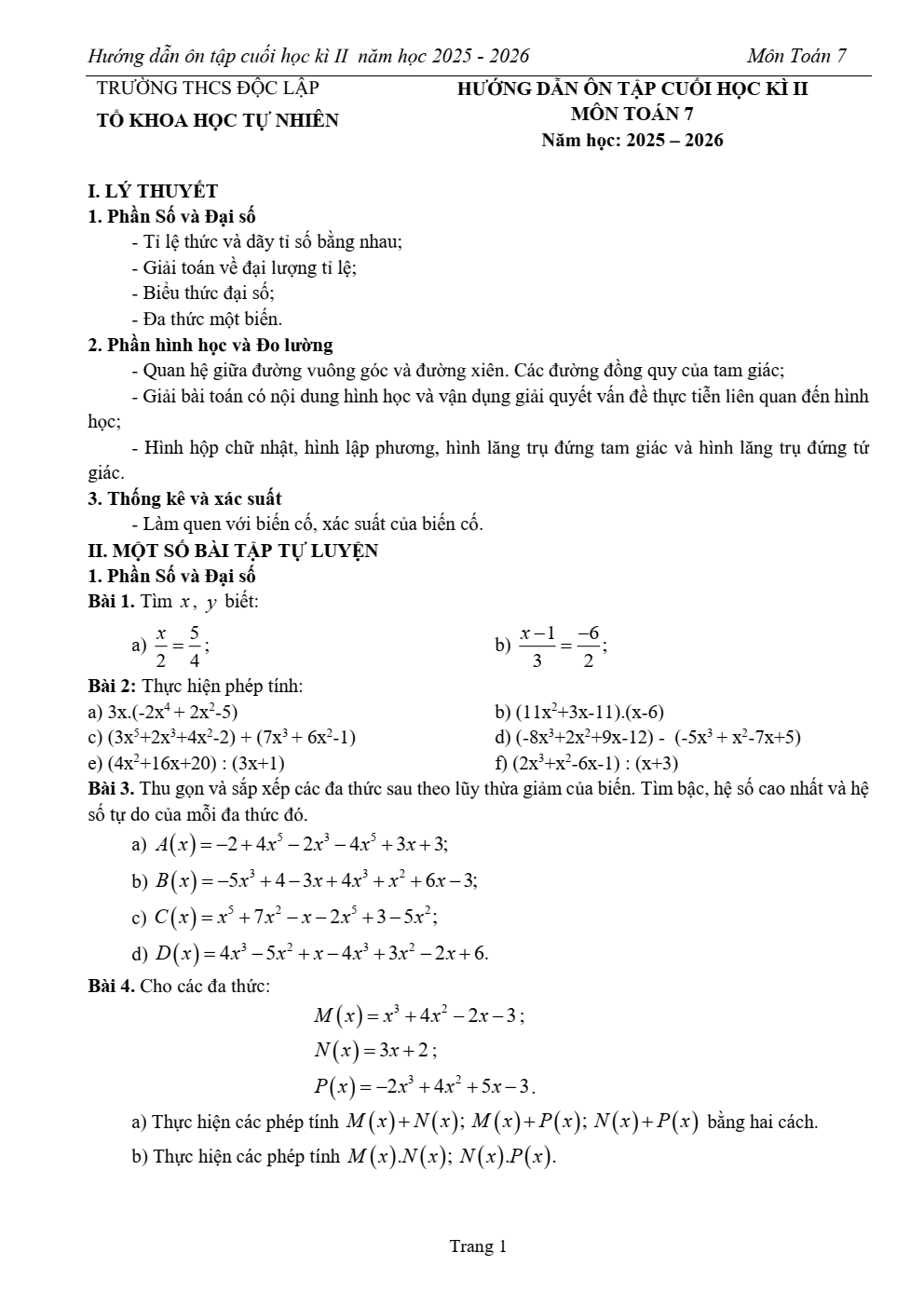 Đề cương ôn tập Học kì 2 Toán 7 trường THCS Độc Lập (Thái Nguyên) năm 2025–2026