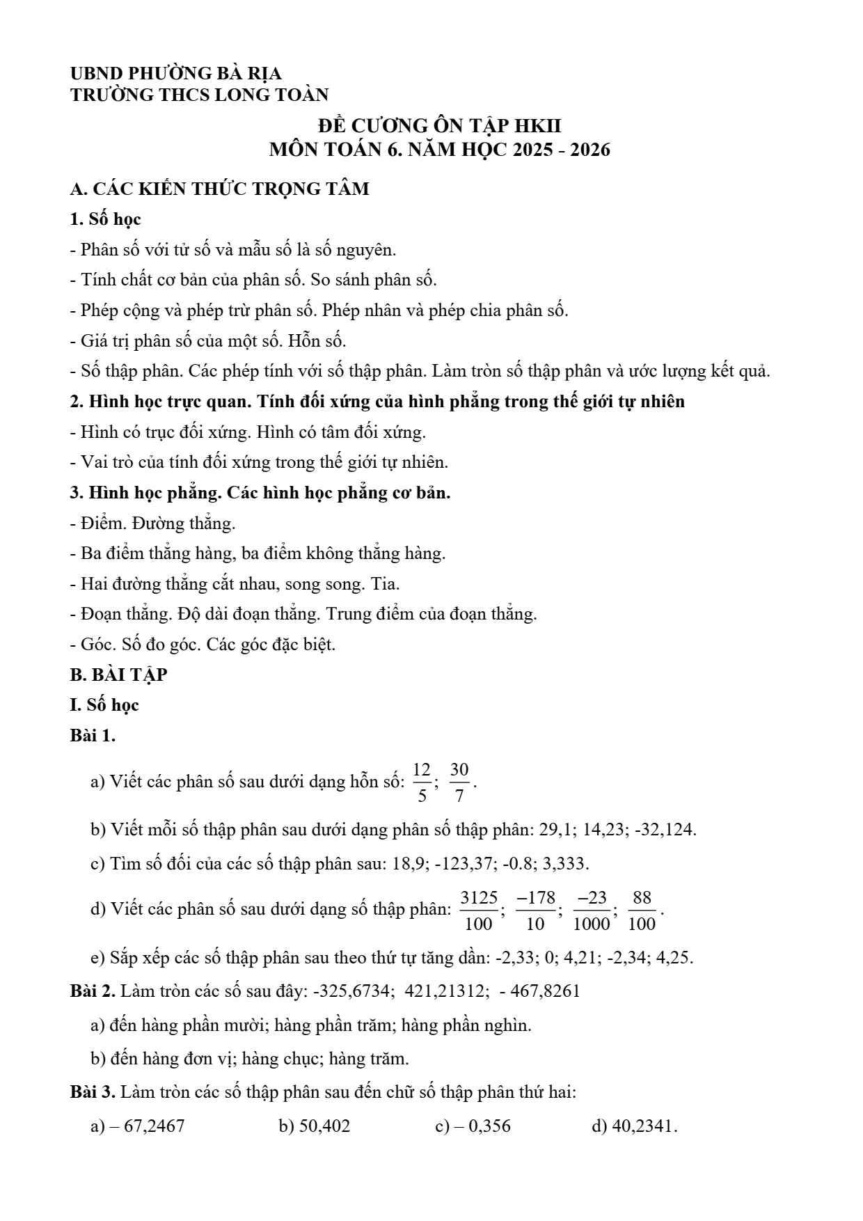 Đề cương ôn tập Học kì 2 Toán 6 trường THCS Long Toàn (TP Hồ Chí Minh) năm 2025–2026
