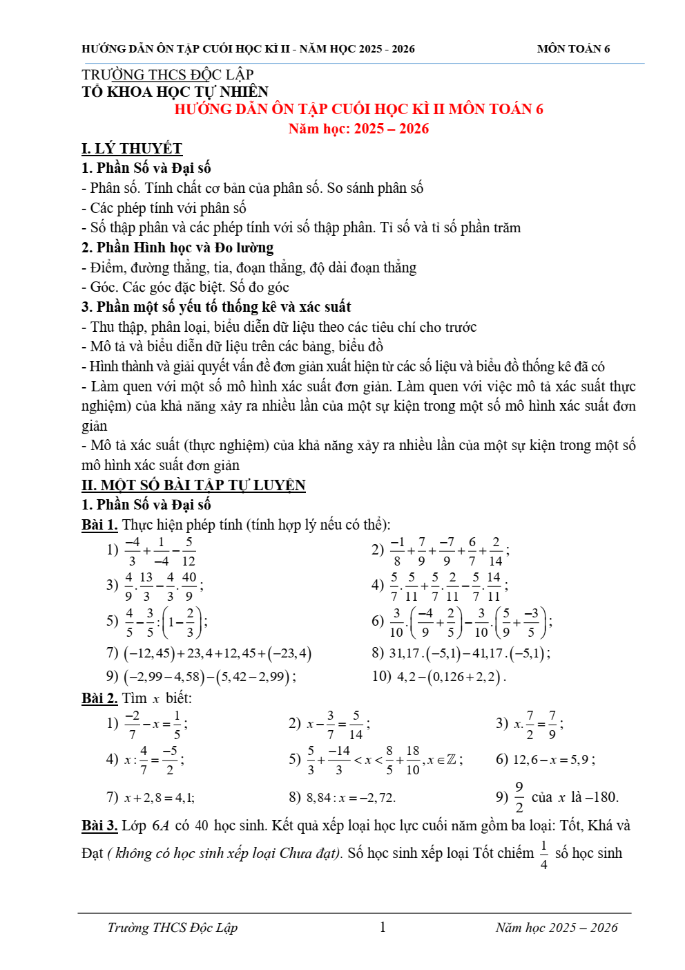 Đề cương ôn tập Học kì 2 Toán 6 trường THCS Độc Lập (Thái Nguyên) năm 2025–2026
