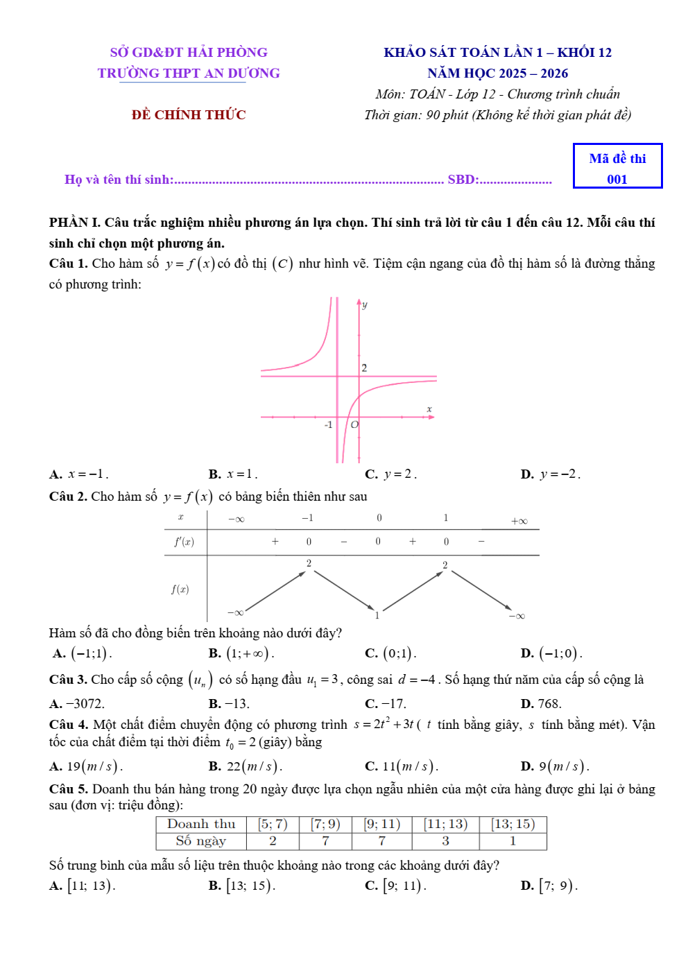 Đề thi thử Tốt nghiệp THPT Toán (lần 1) 2025-2026 trường THPT An Dương (mã đề 001) (Hải Phòng)