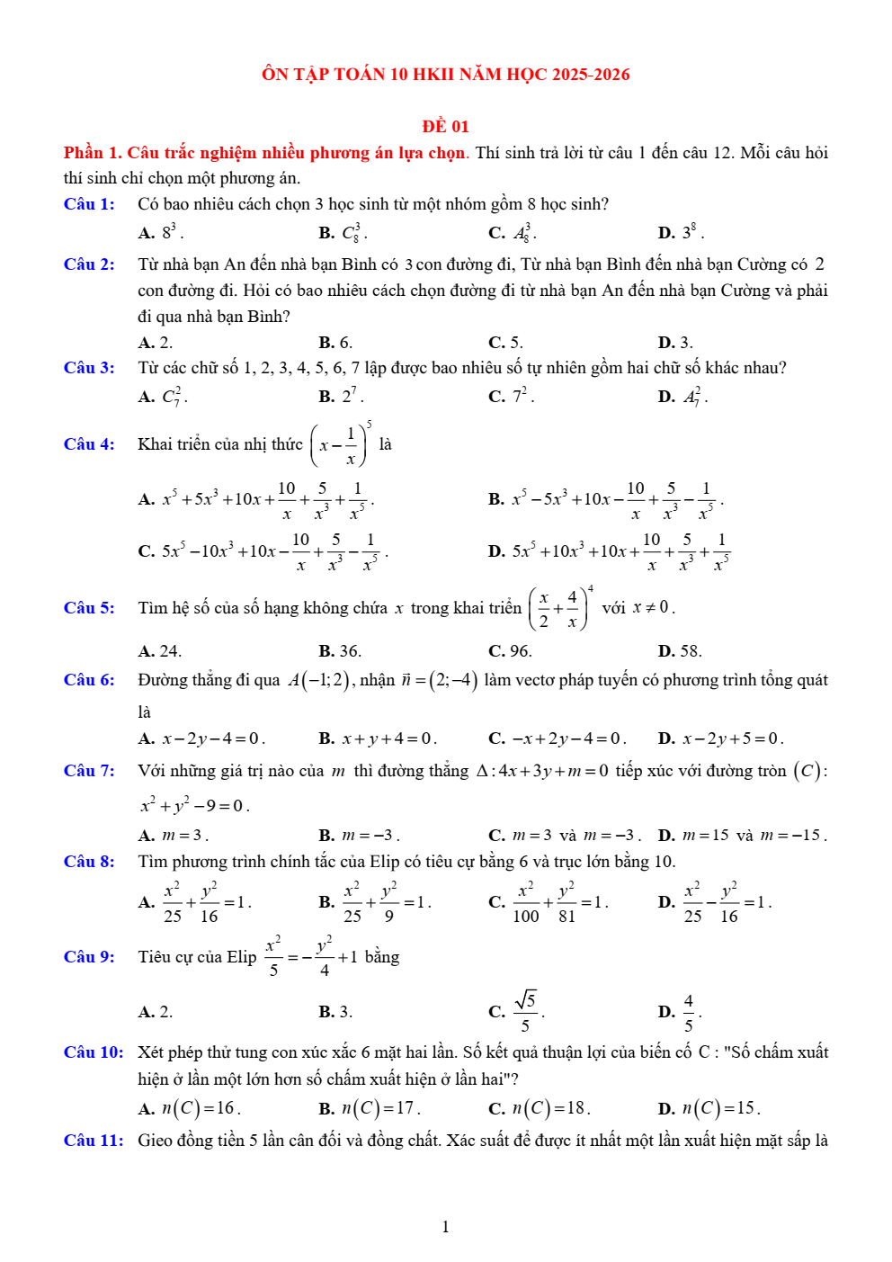 Đề thi Học kì 2 Toán 10 trường THPT Thủ Đức (TP Hồ Chí Minh) năm 2025–2026