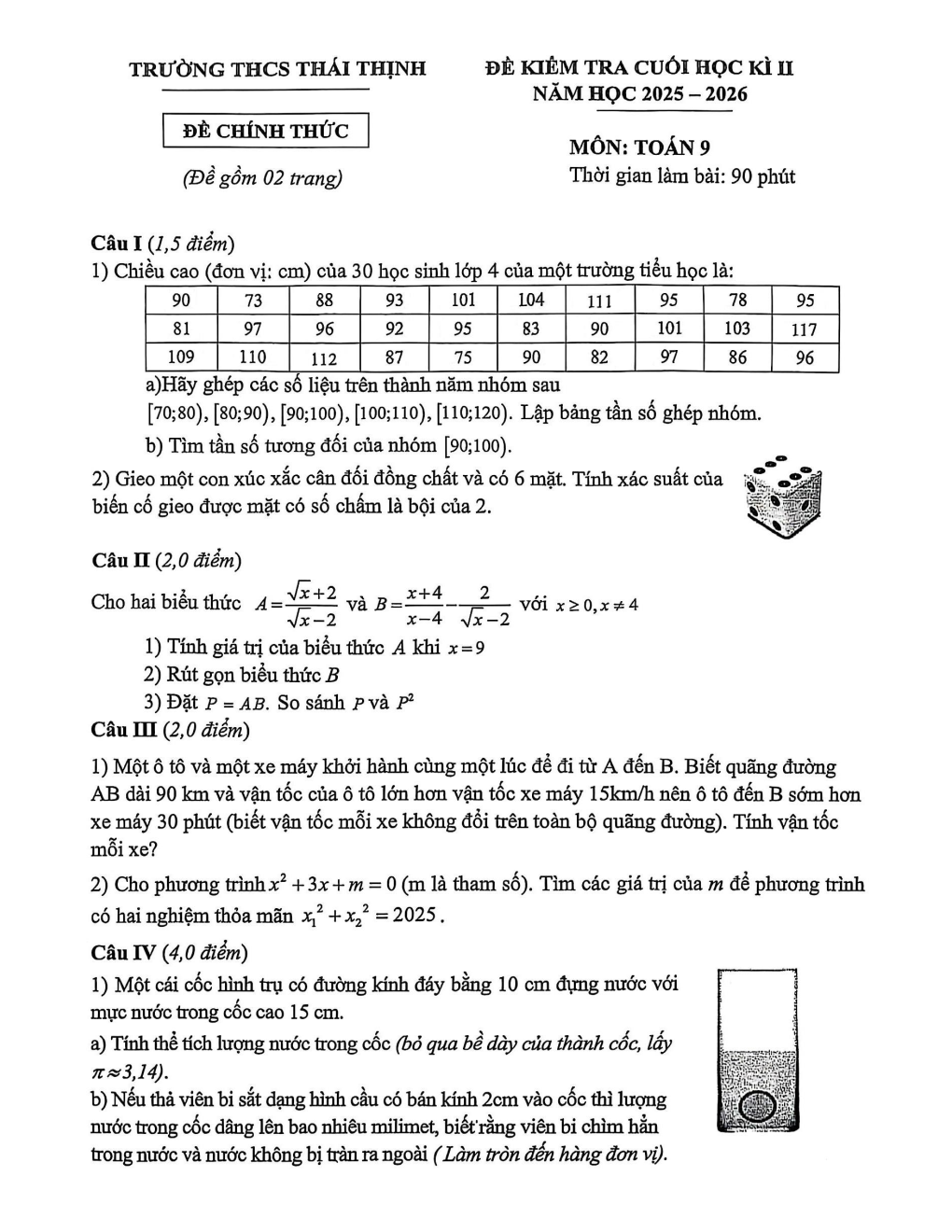 Đề thi Học kì 2 Toán 9 trường THCS Thái Thịnh (Hà Nội) năm 2025–2026