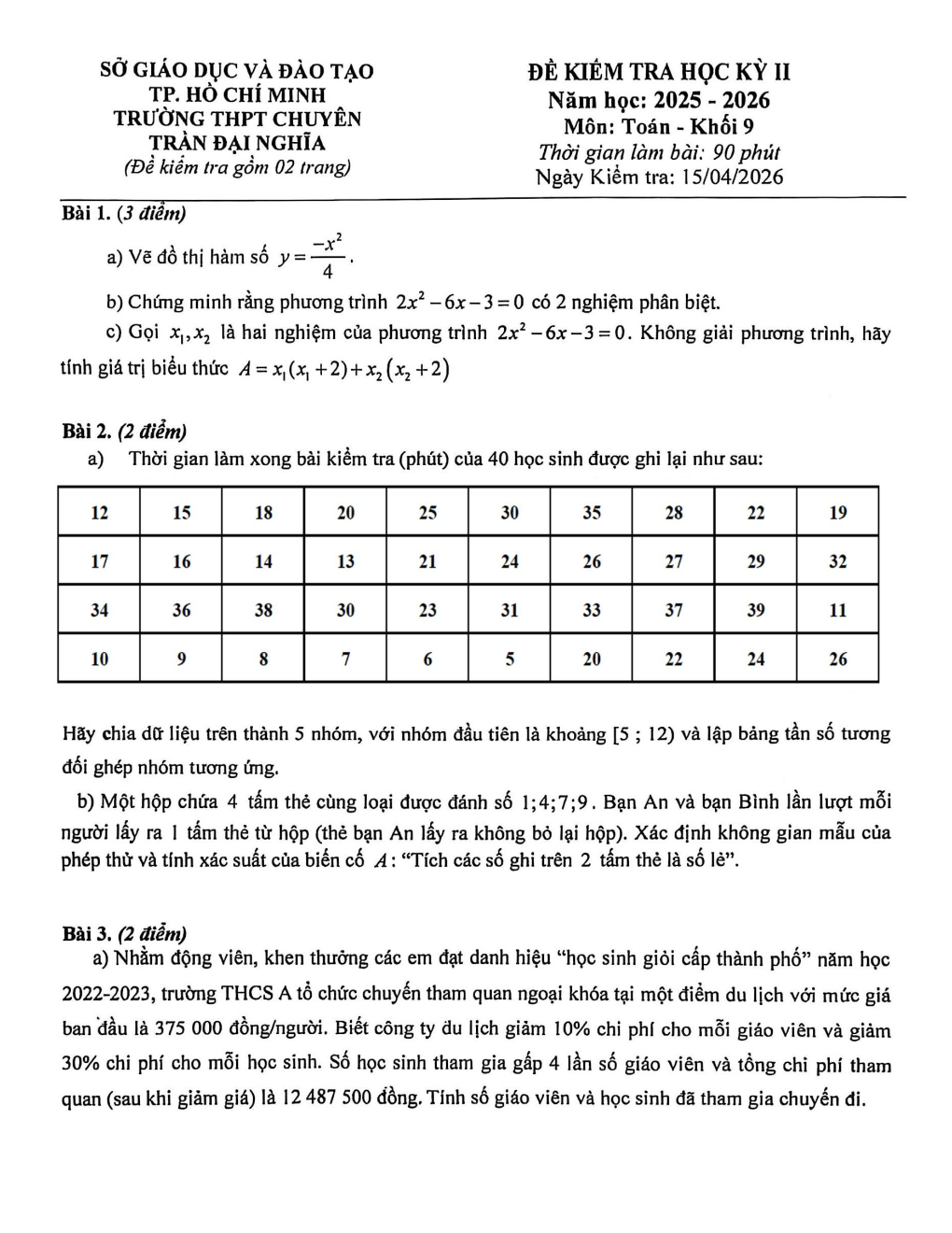 Đề thi Học kì 2 Toán 9 trường chuyên Trần Đại Nghĩa (TP Hồ Chí Minh) năm 2025–2026