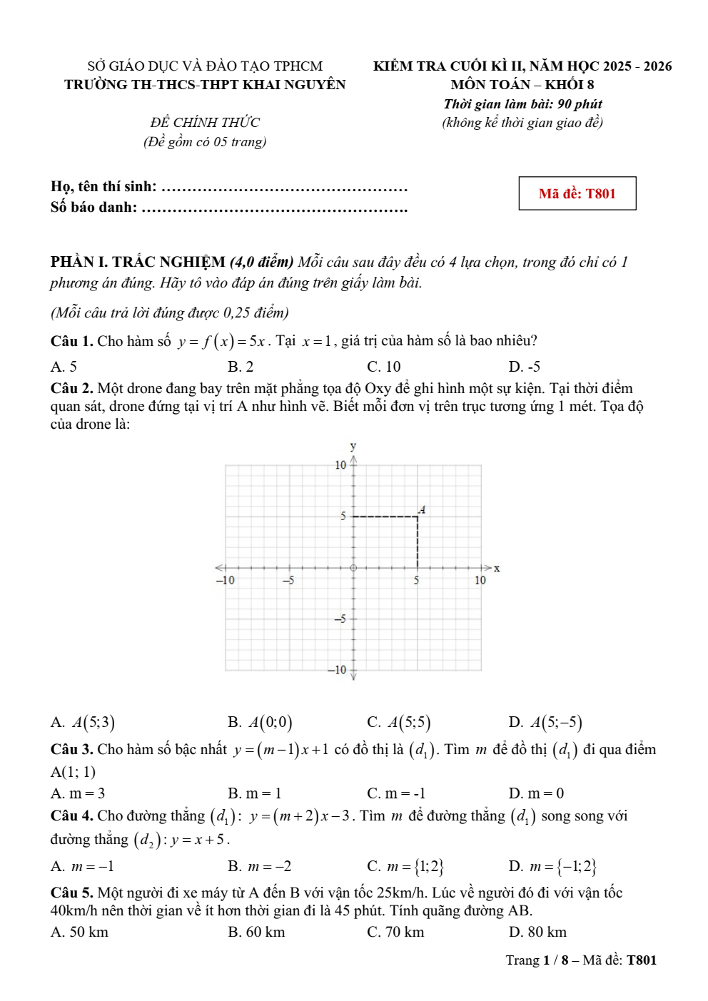 Đề thi Học kì 2 Toán 8 trường Khai Nguyên (TP Hồ Chí Minh) năm 2025–2026