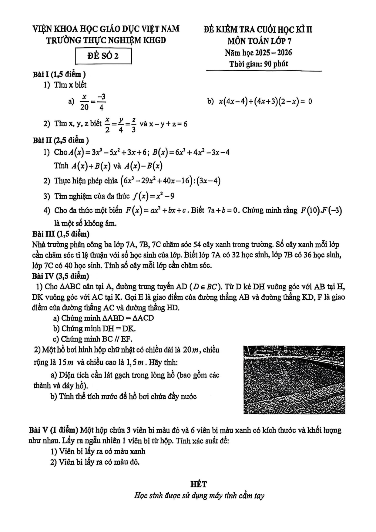 Đề thi Học kì 2 Toán 7 trường Thực Nghiệm KHGD (Hà Nội) năm 2025–2026