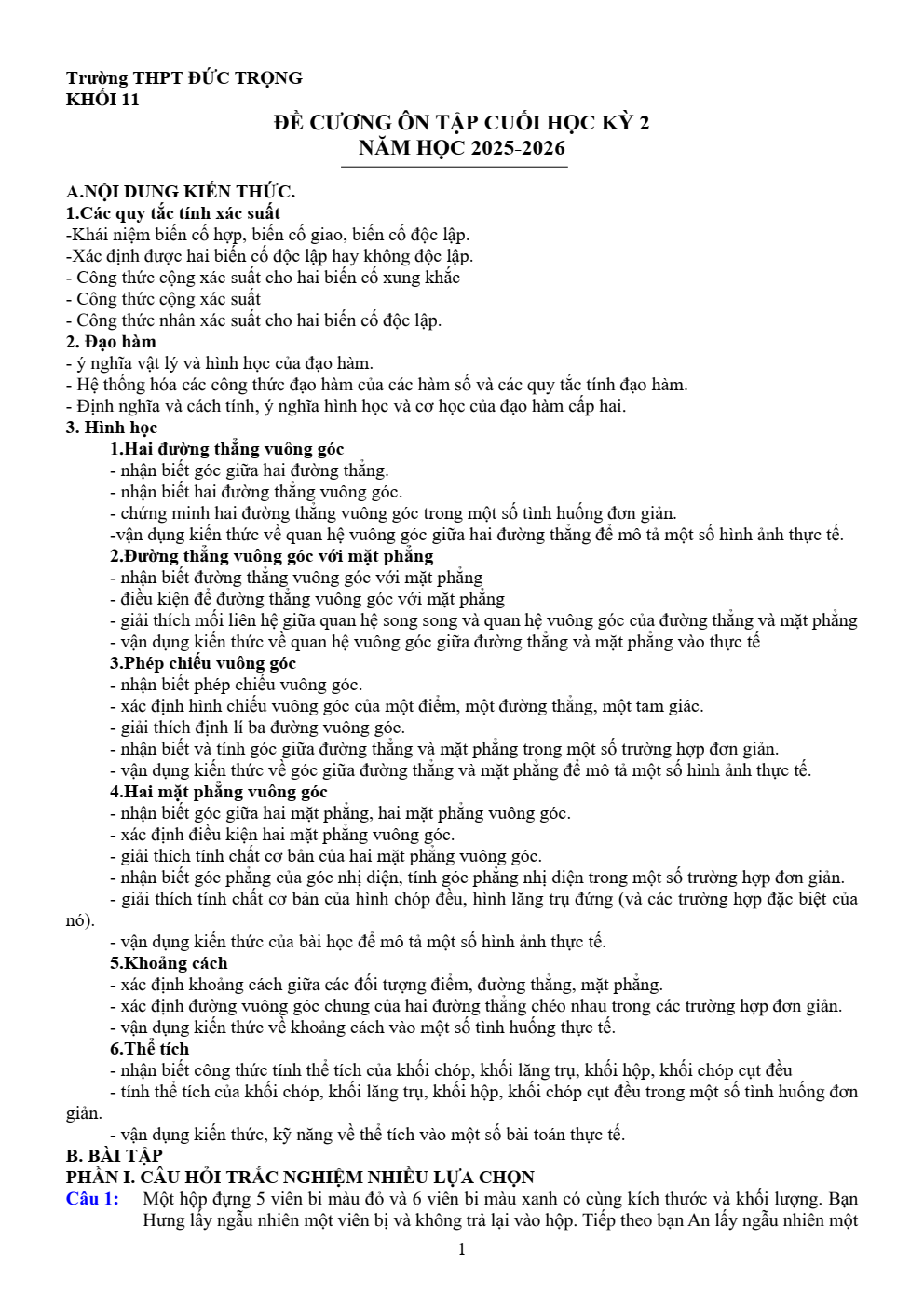 Đề cương ôn tập Học kì 2 Toán 11 trường THPT Đức Trọng (Lâm Đồng) năm 2025–2026
