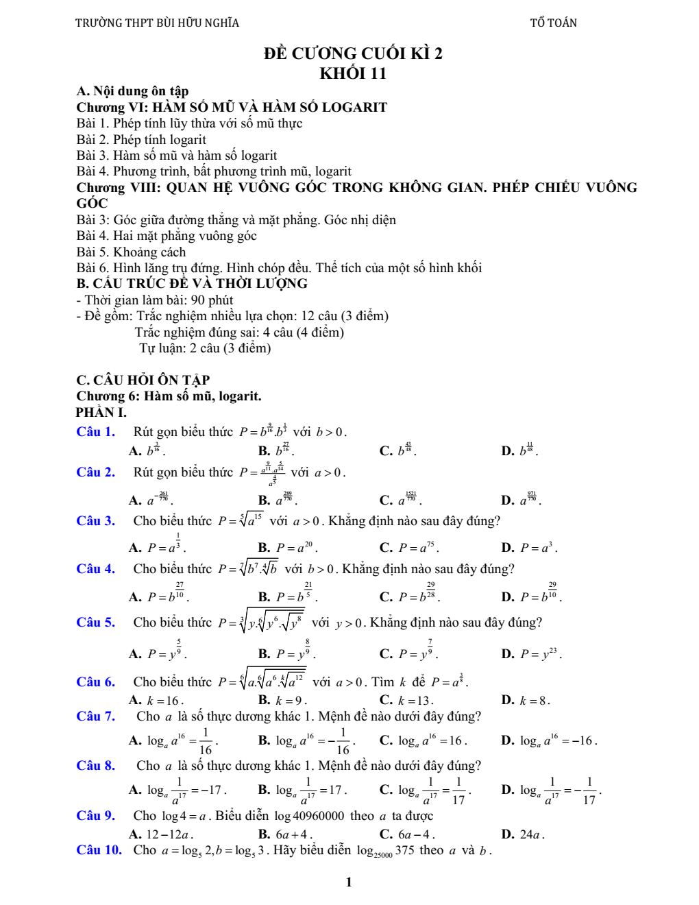 Đề cương ôn tập Học kì 2 Toán 11 trường THPT Bùi Hữu Nghĩa (Cần Thơ) năm 2025–2026