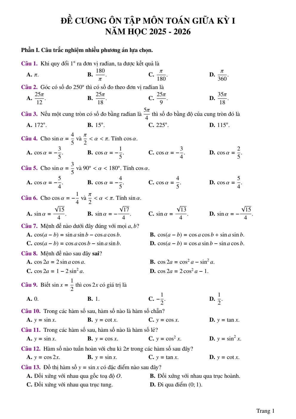 Đề cương ôn tập Giữa kì 1 Toán 11 trường THPT Đức Trọng (Lâm Đồng) năm 2025–2026