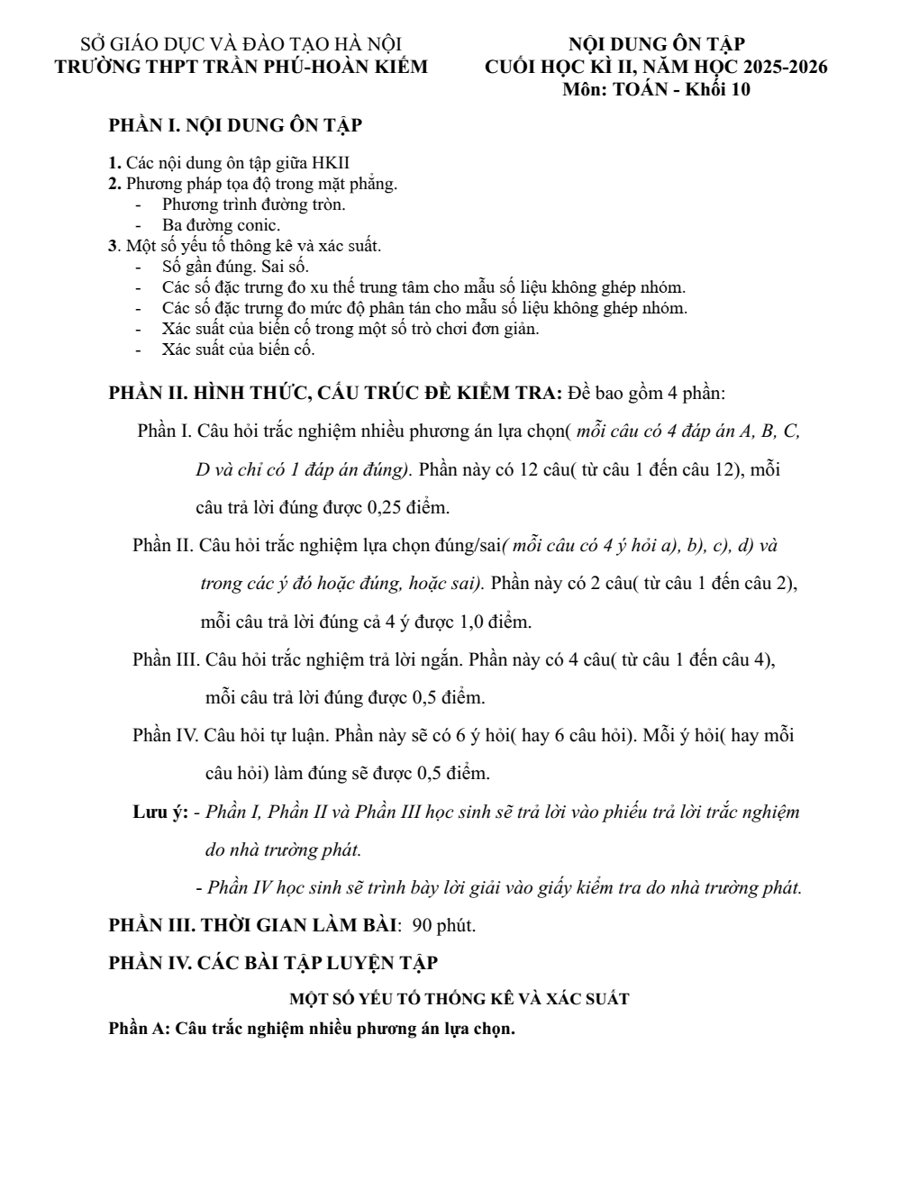 Đề cương ôn tập Học kì 2 Toán 10 trường THPT Trần Phú (Hà Nội) năm 2025–2026