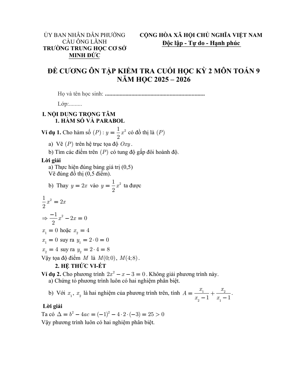 Đề cương ôn tập Học kì 2 Toán 9 trường THCS Minh Đức (TP Hồ Chí Minh) năm 2025–2026