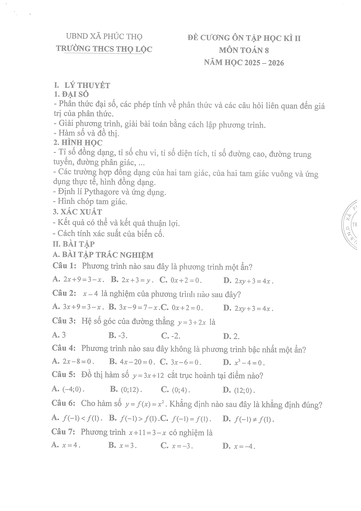 Đề cương ôn tập Học kì 2 Toán 8 trường THCS Thọ Lộc (Hà Nội) năm 2025–2026
