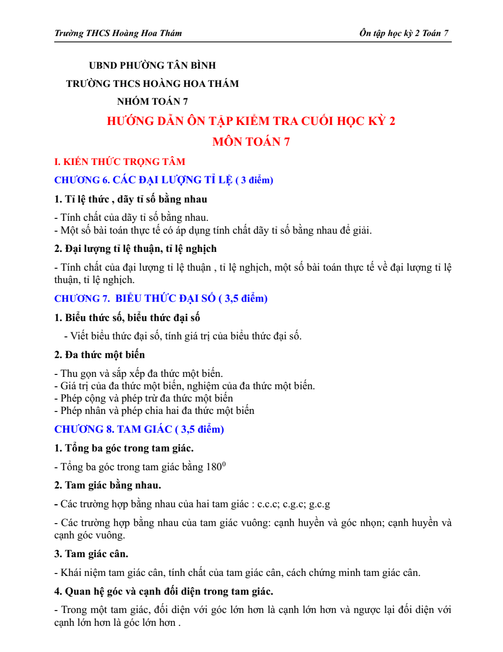 Đề cương ôn tập Học kì 2 Toán 7 trường THCS Hoàng Hoa Thám (TP Hồ Chí Minh) năm 2025–2026