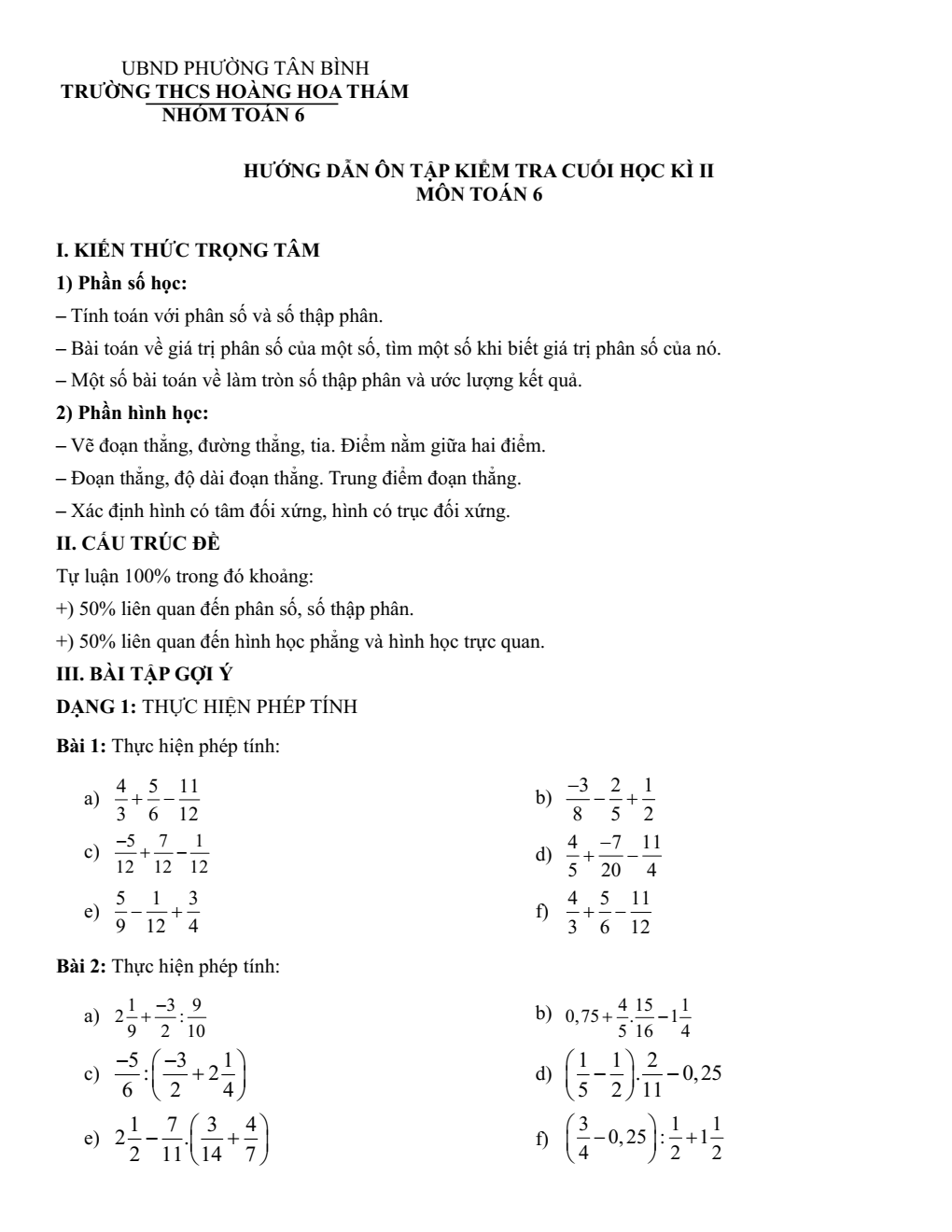 Đề cương ôn tập Học kì 2 Toán 6 trường THCS Hoàng Hoa Thám (TP Hồ Chí Minh) năm 2025–2026