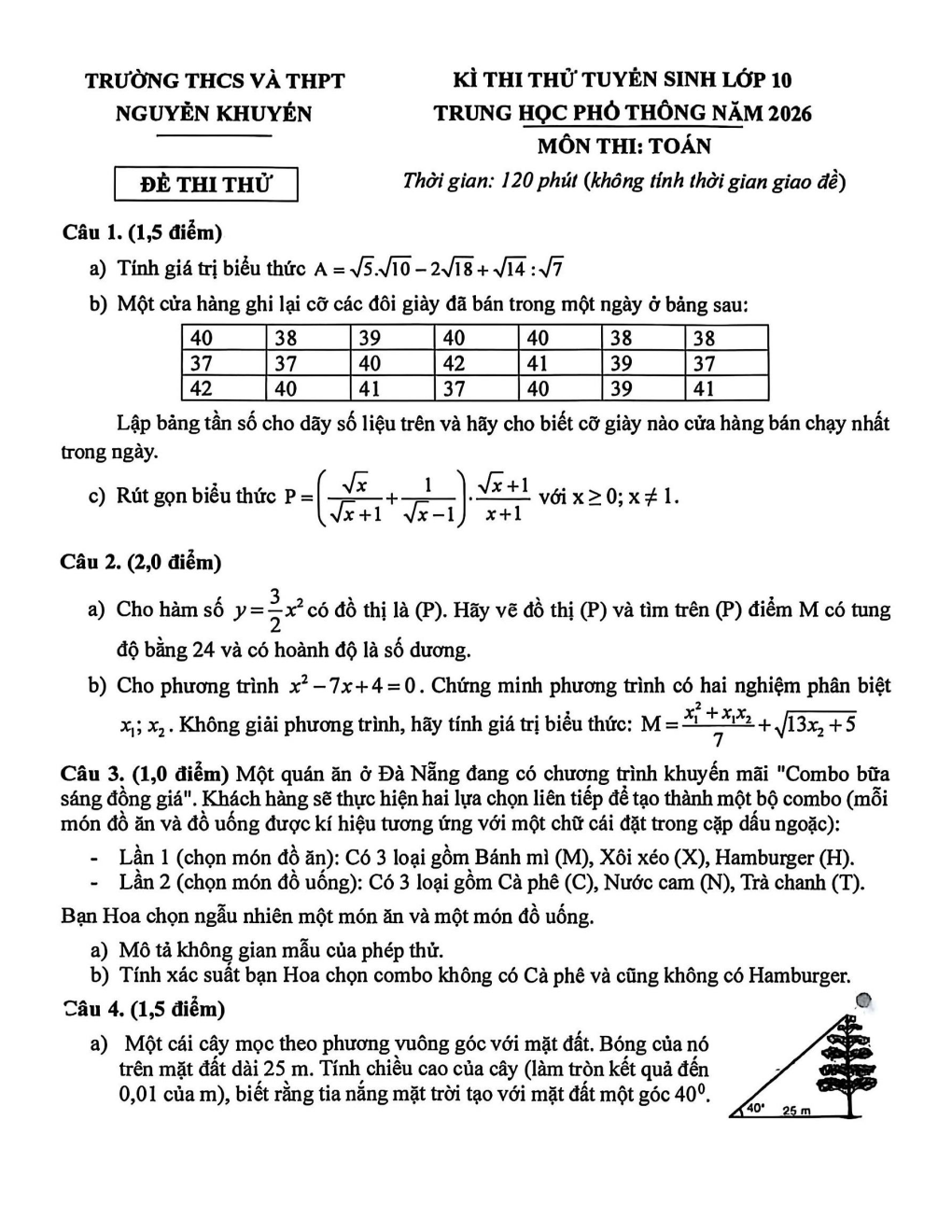 Đề thi thử Toán vào lớp 10 năm 2026-2027 trường Nguyễn Khuyến (Đà Nẵng)