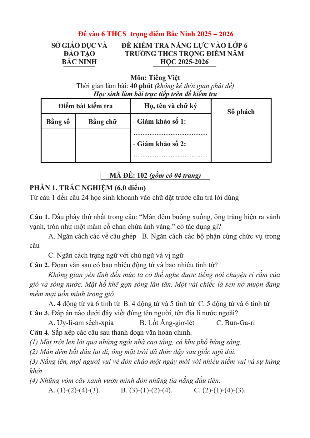 Đề thi thử vào lớp 6 môn Tiếng Việt trường THCS Trọng điểm Bắc Ninh (mã đề 102) năm 2026