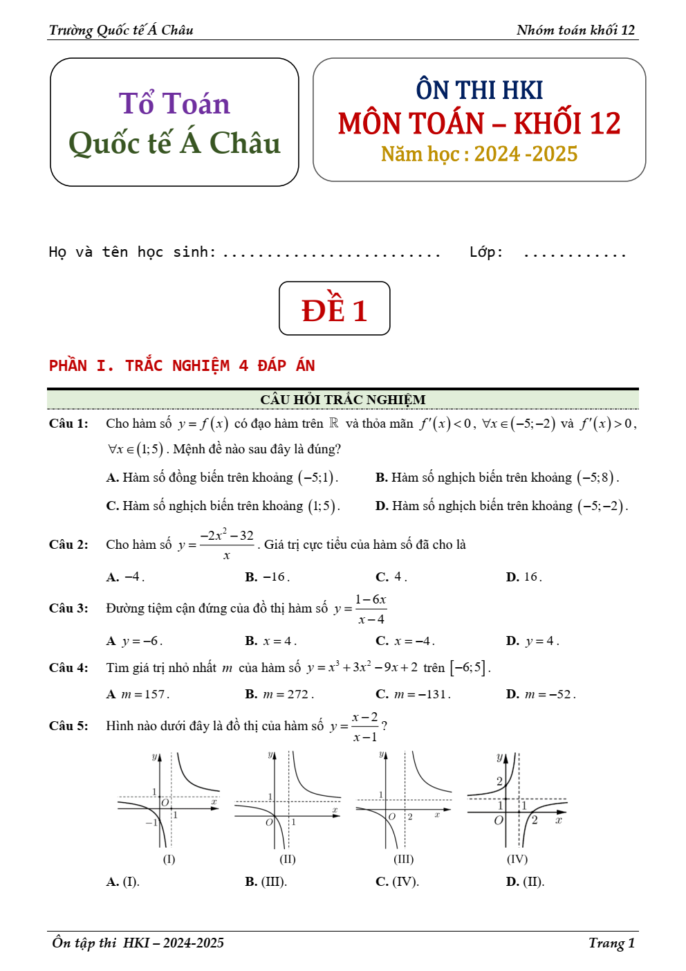 Đề thi Học kì 1 Toán 12 năm 2024 - 2025 trường Quốc tế Á Châu (TP Hồ Chí Minh)