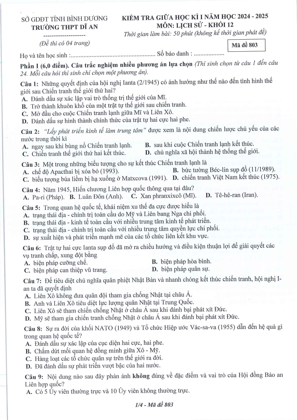 Đề thi Giữa kì 1 Lịch sử 12 năm 2024 - 2025 trường THPT Dĩ An (Bình Dương)