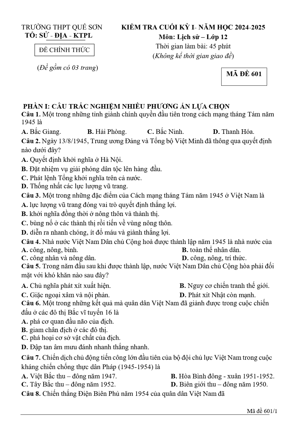 Đề thi Học kì 1 Lịch sử 12 năm 2024 - 2025 trường THPT Quế Sơn (Đà Nẵng)