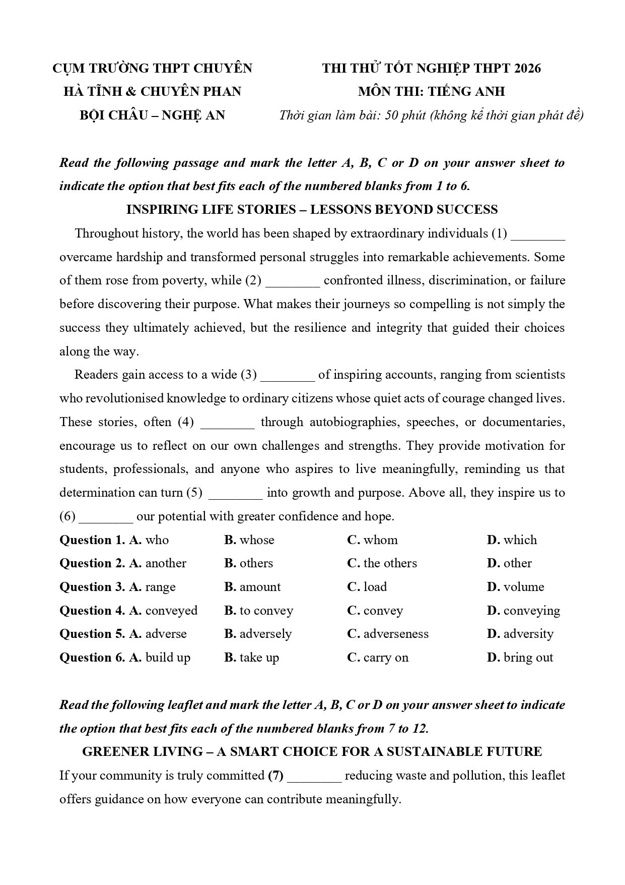 Đề thi thử Tốt nghiệp THPT Tiếng Anh 2025-2026 cụm TrườngTHPT chuyên Hà Tĩnh & chuyên Phan Bội Châu (Nghệ An)