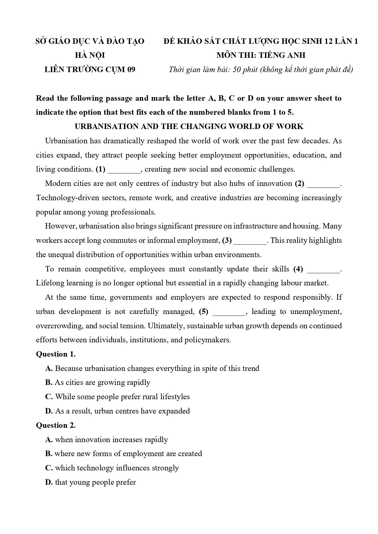 Đề thi thử Tốt nghiệp THPT Tiếng Anh 2025-2026 Liên trường Cụm 09 (Hà Nội)