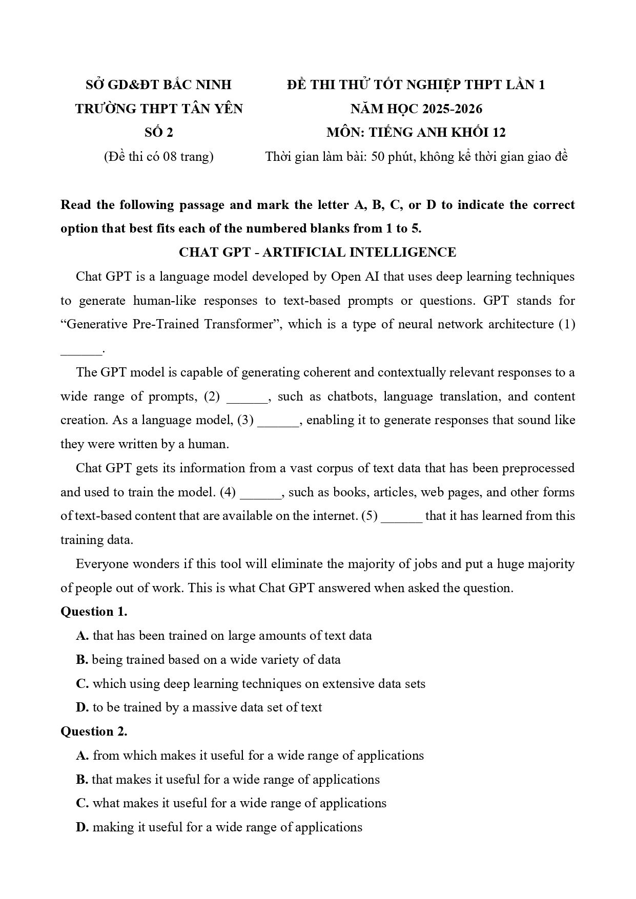 Đề thi thử Tốt nghiệp THPT Tiếng Anh (lần 1) 2025-2026 trường THPT Tân Yên Số 2 (Bắc Ninh)
