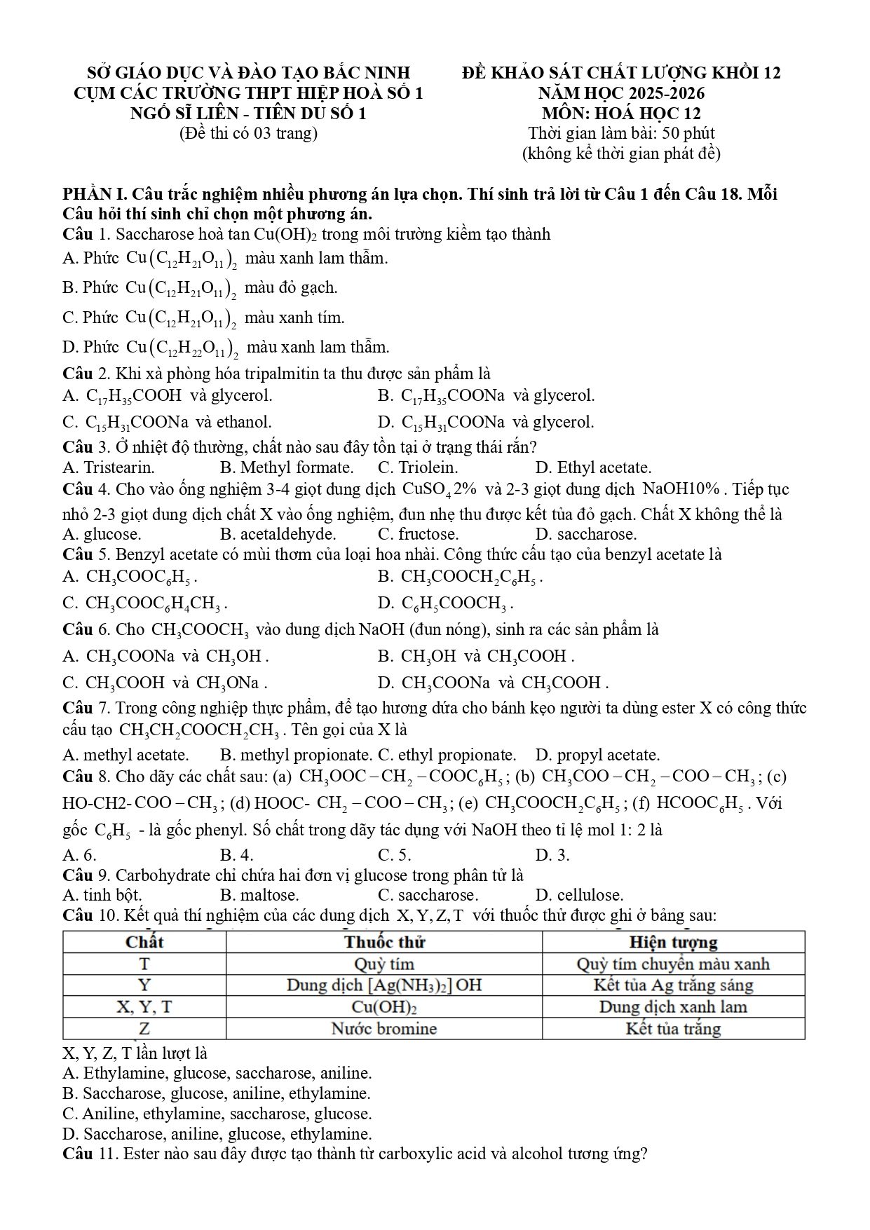 Đề thi thử Tốt nghiệp THPT Hóa học 2025 - 2026 Cụm các trường THPT Hiệp Hòa Số 1 (Bắc Ninh)