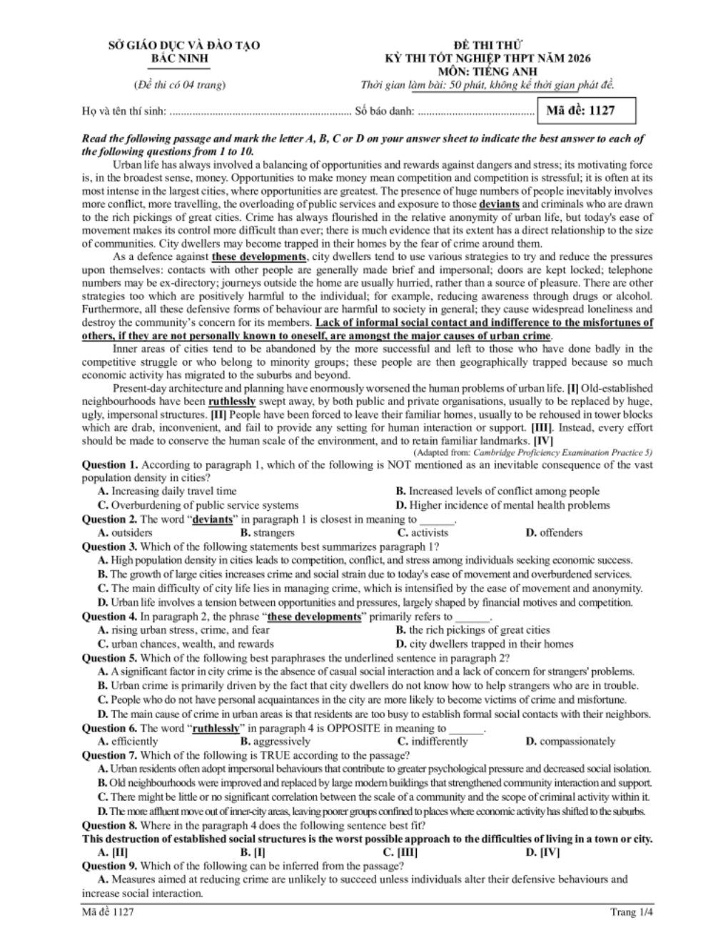 Đề thi thử Tốt nghiệp THPT Tiếng Anh 2025-2026 Sở GD&ĐT Bắc Ninh (mã đề 127)