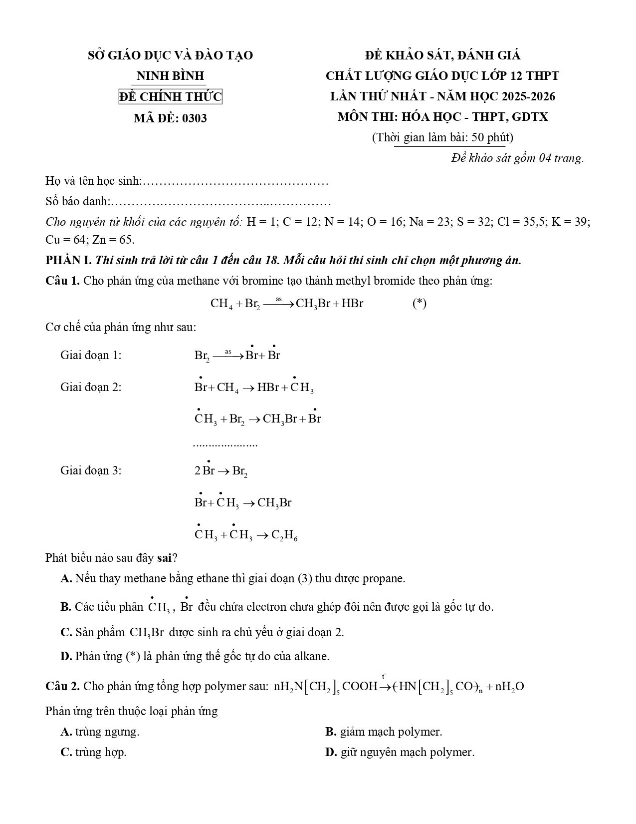 Đề thi thử Tốt nghiệp THPT Hóa học 2025 - 2026 Sở GD&ĐT Ninh Bình