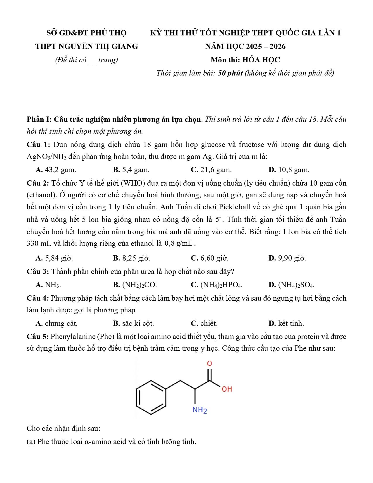 Đề thi thử Tốt nghiệp THPT Hóa học 2025 - 2026 trường THPT Nguyễn Thị Giang (Phú Thọ)