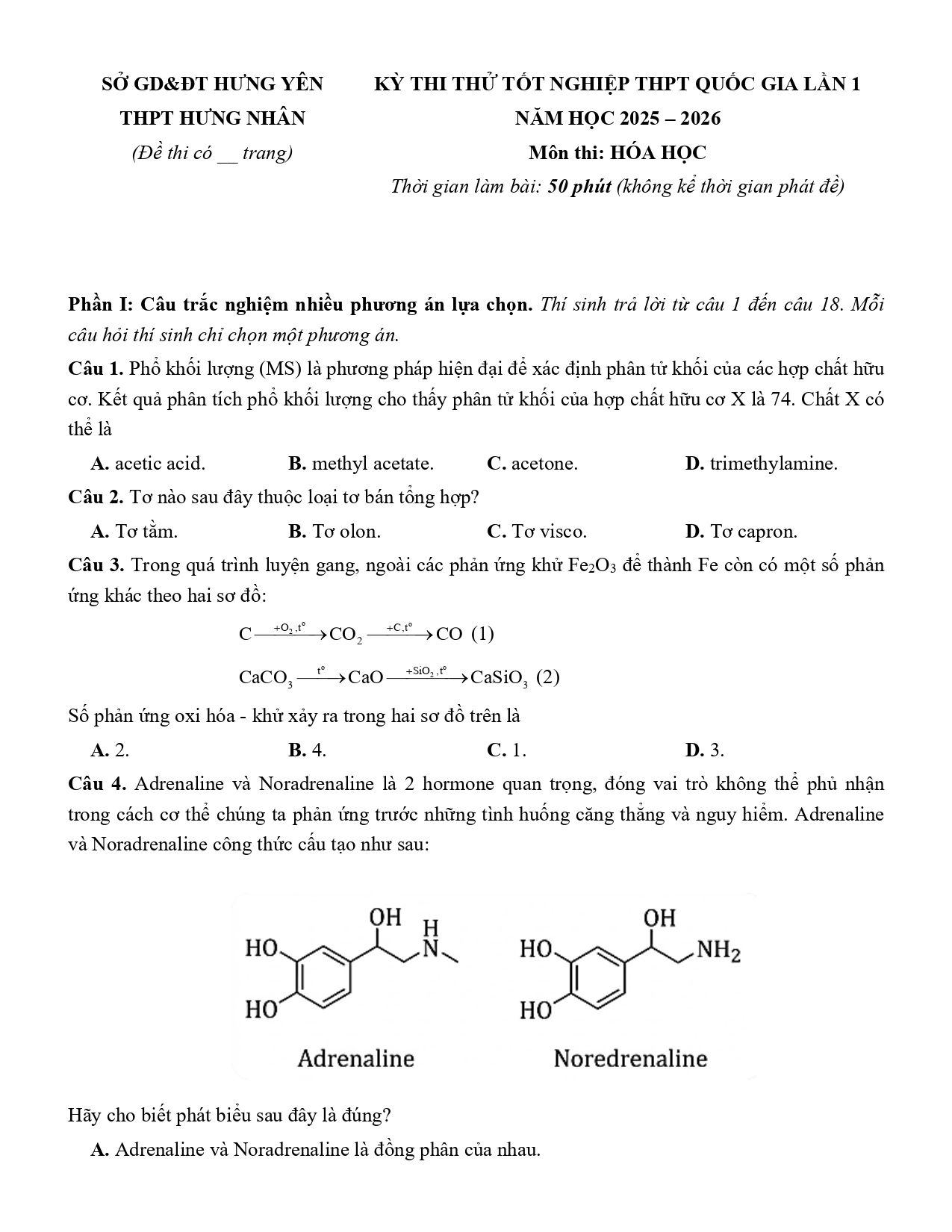 Đề thi thử Tốt nghiệp THPT Hóa học 2025 - 2026 trường THPT Hưng Nhân (Hưng Yên)