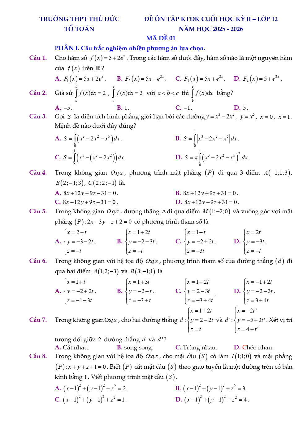 Đề thi Học kì 2 Toán 12 trường THPT Thủ Đức (TP Hồ Chí Minh) năm 2025–2026