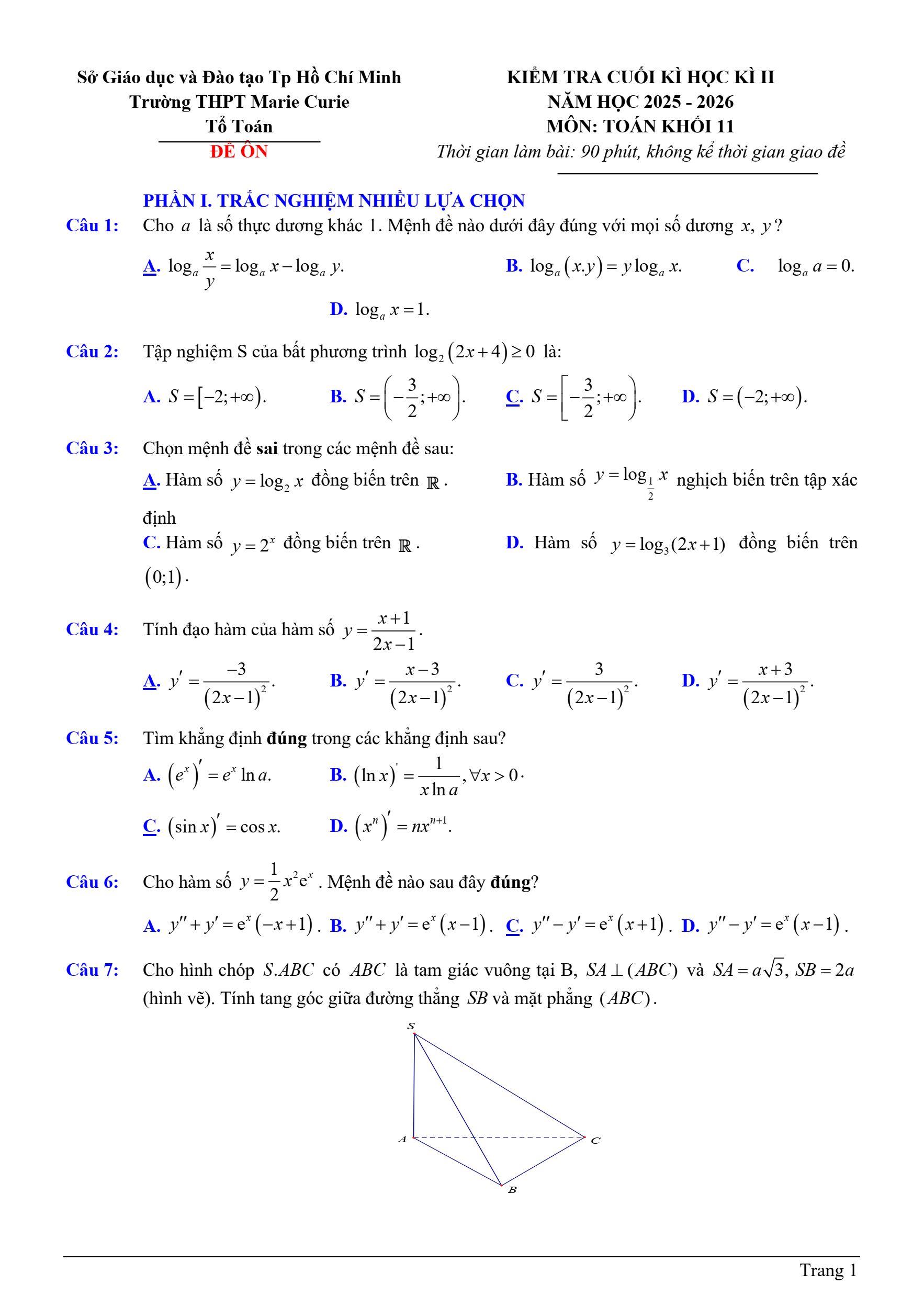 Đề thi Học kì 2 Toán 11 trường THPT Marie Curie (TP Hồ Chí Minh) năm 2025–2026