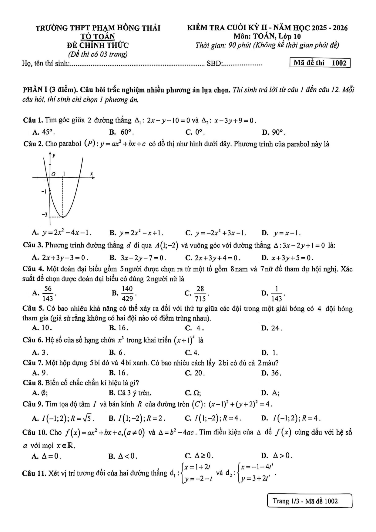 Đề thi Học kì 2 Toán 10 trường THPT Phạm Hồng Thái (Hà Nội) năm 2025–2026