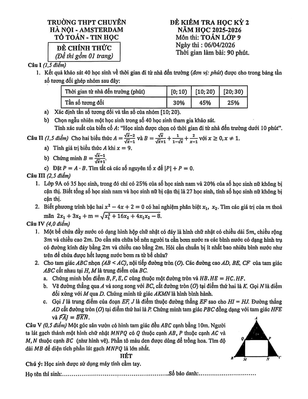 Đề thi Học kì 2 Toán 9 trường THPT chuyên Hà Nội - Amsterdam năm 2025–2026