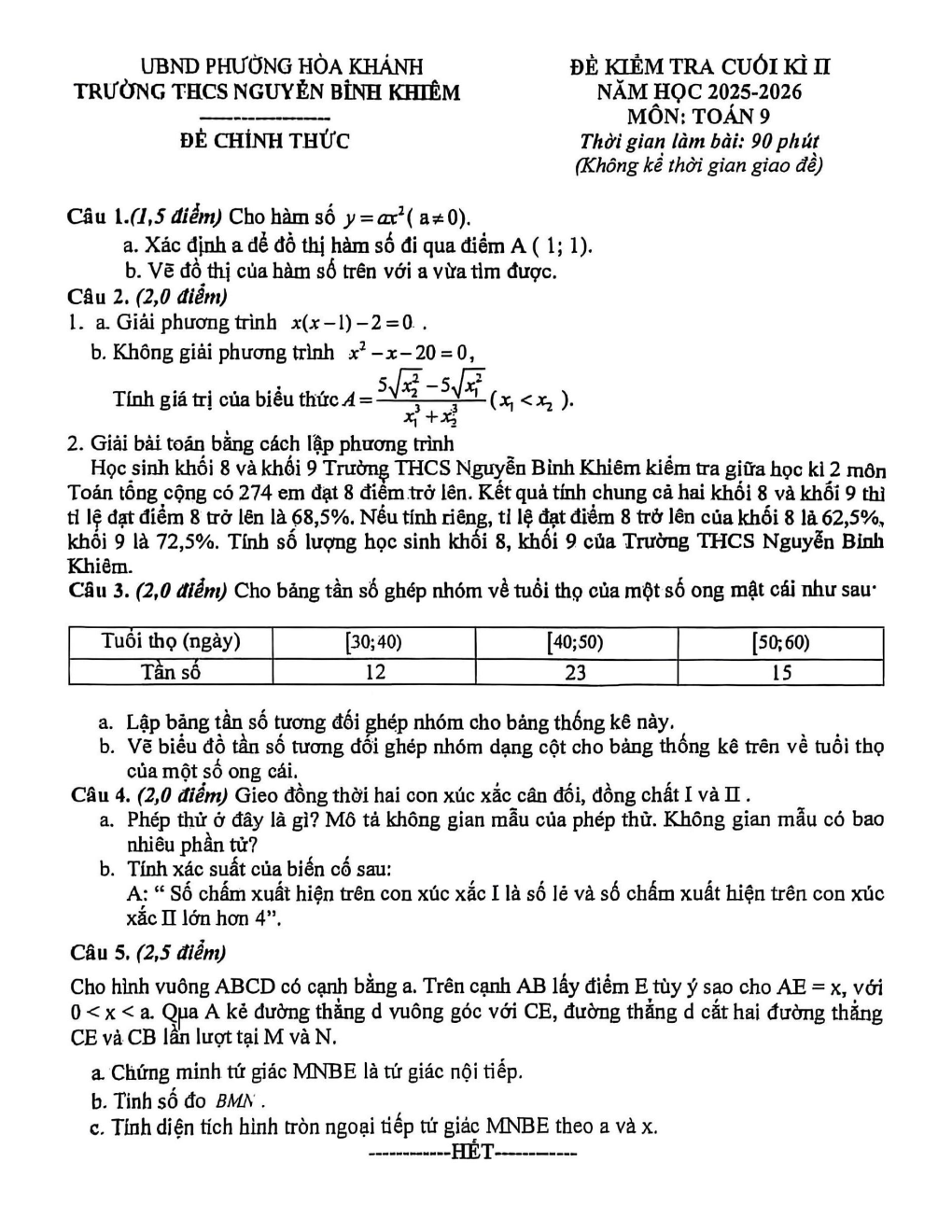 Đề thi Học kì 2 Toán 9 trường THCS Nguyễn Bỉnh Khiêm (Đà Nẵng) năm 2025–2026