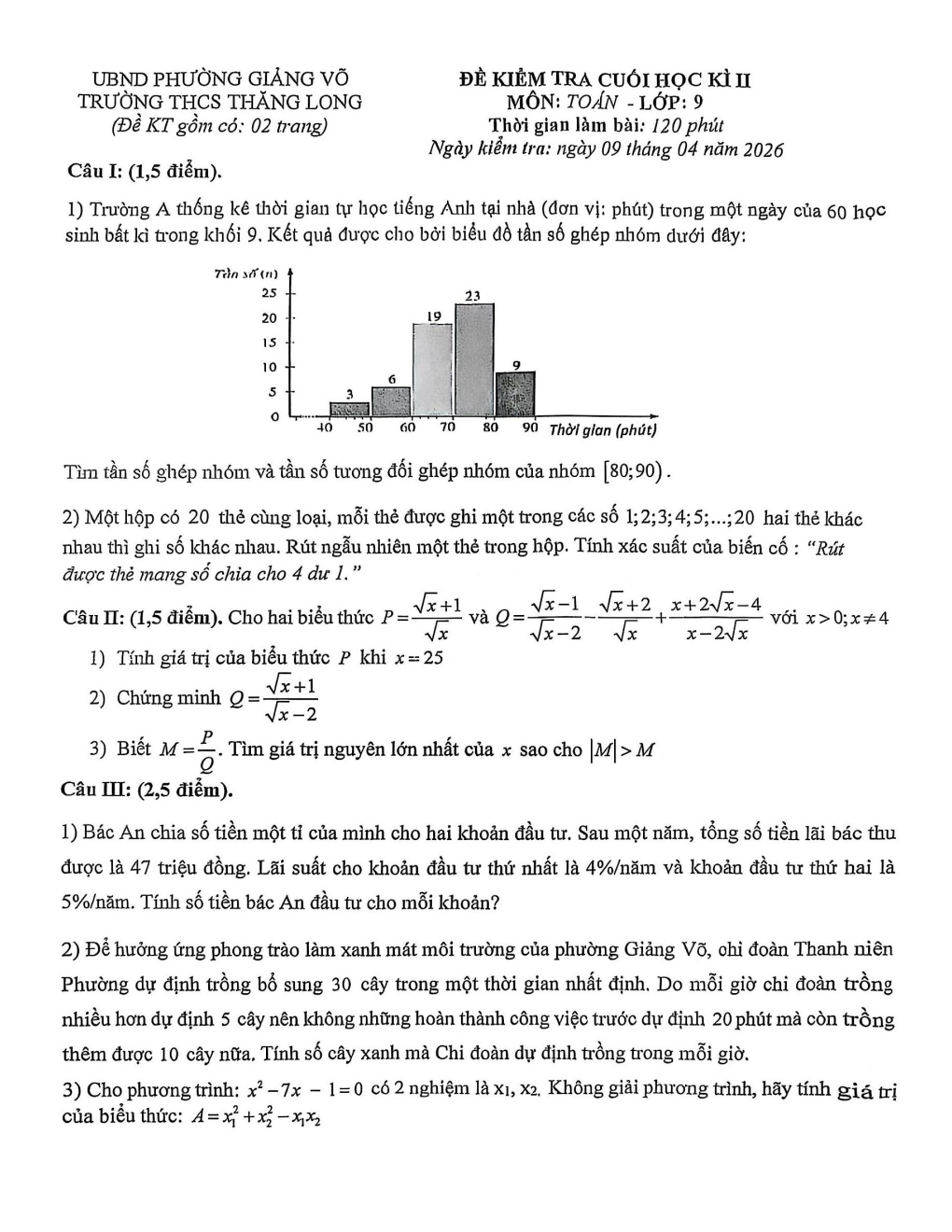 Đề thi Học kì 2 Toán 9 trường THCS Thăng Long (Hà Nội) năm 2025–2026