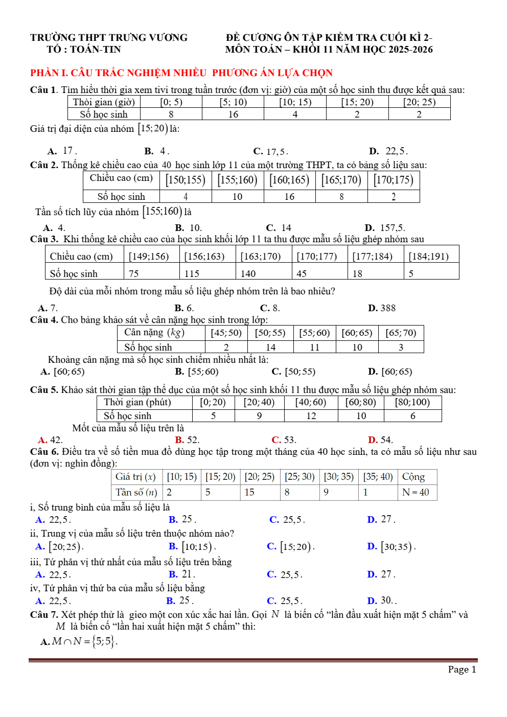 Đề cương ôn tập Học kì 2 Toán 11 trường THPT Trưng Vương (Gia Lai) năm 2025–2026