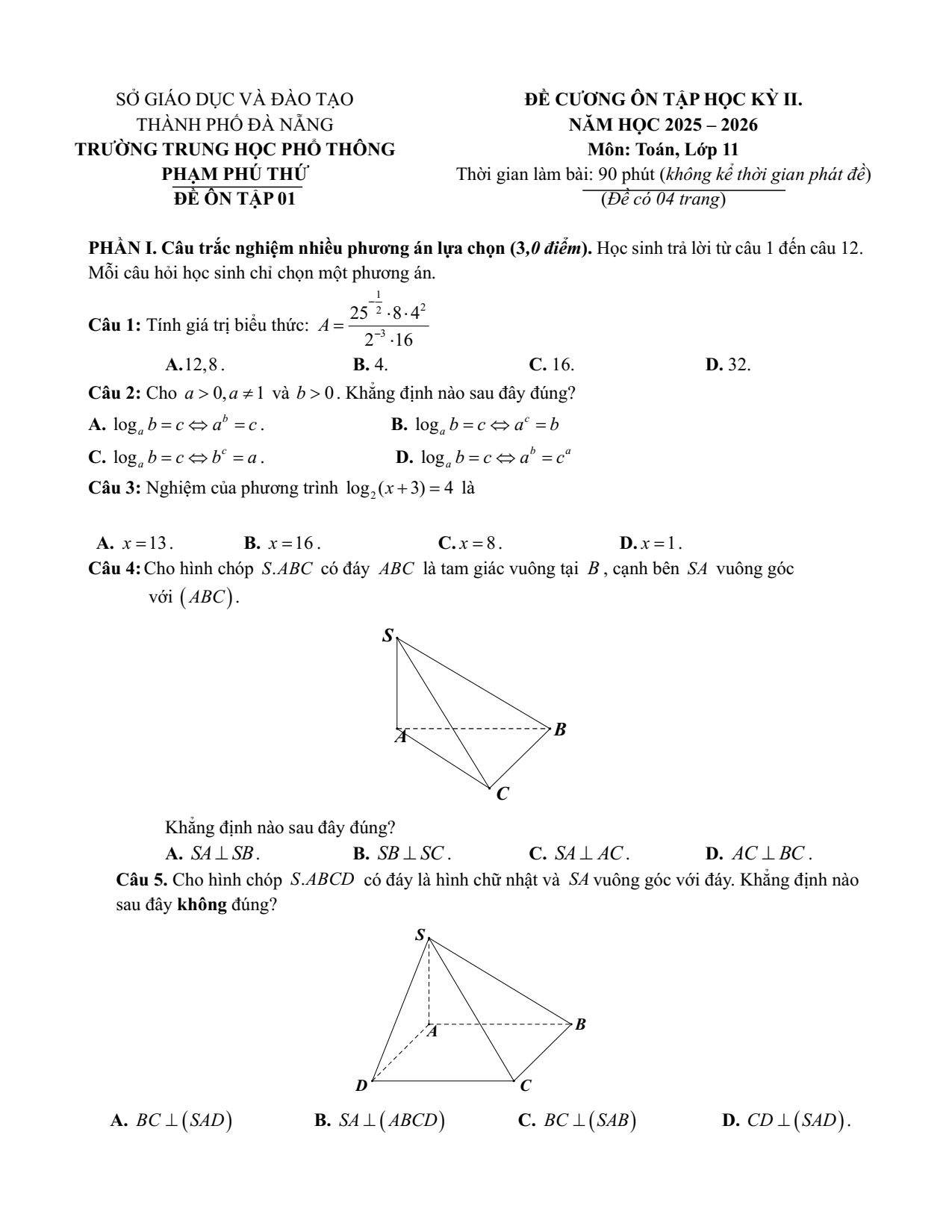 Đề cương ôn tập Học kì 2 Toán 11 trường THPT Phạm Phú Thứ (Đà Nẵng) năm 2025–2026