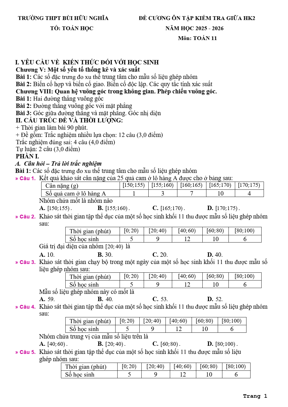 Đề cương ôn tập Giữa kì 2 Toán 11 trường THPT Bùi Hữu Nghĩa (Cần Thơ) năm 2025–2026