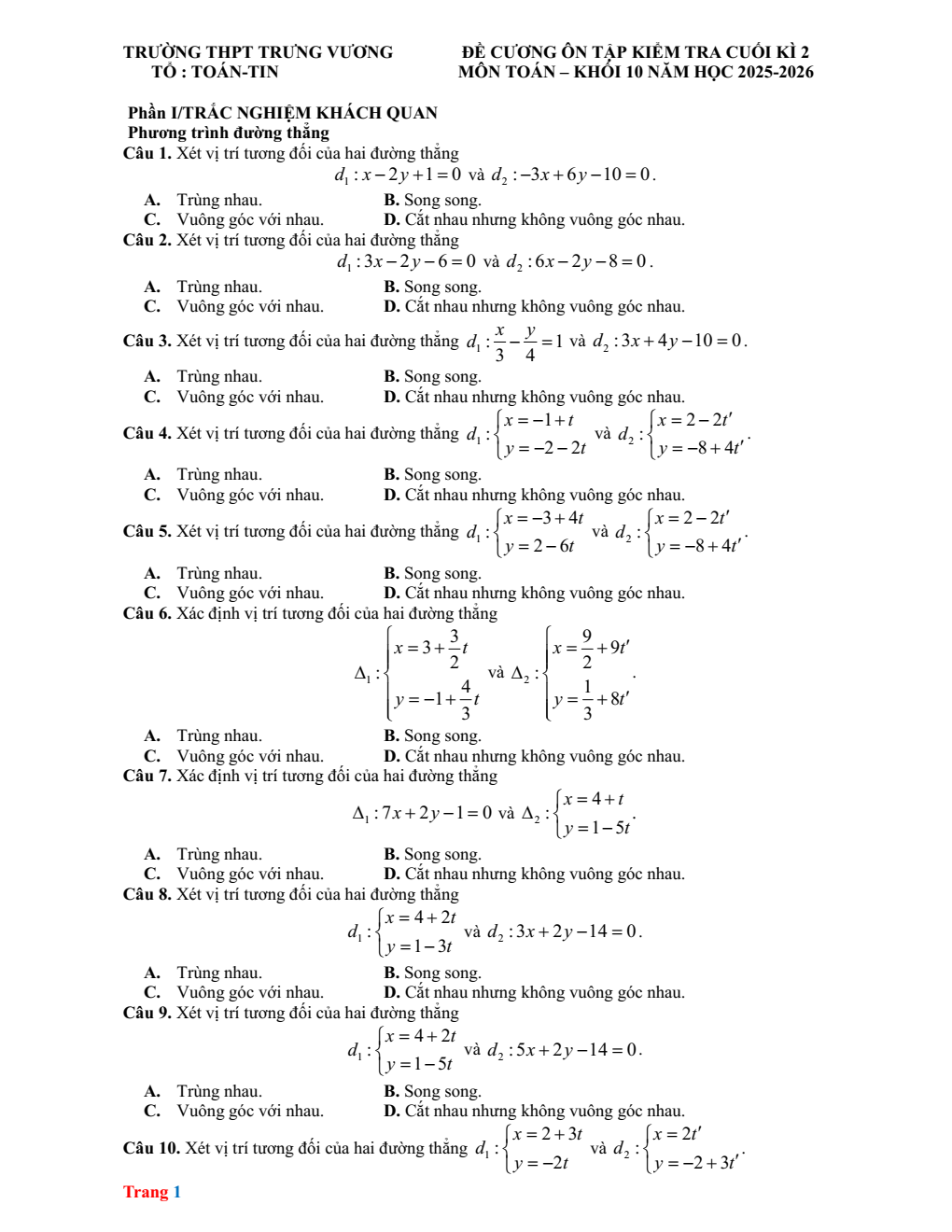 Đề cương ôn tập Học kì 2 Toán 10 trường THPT Trưng Vương (Gia Lai) năm 2025–2026