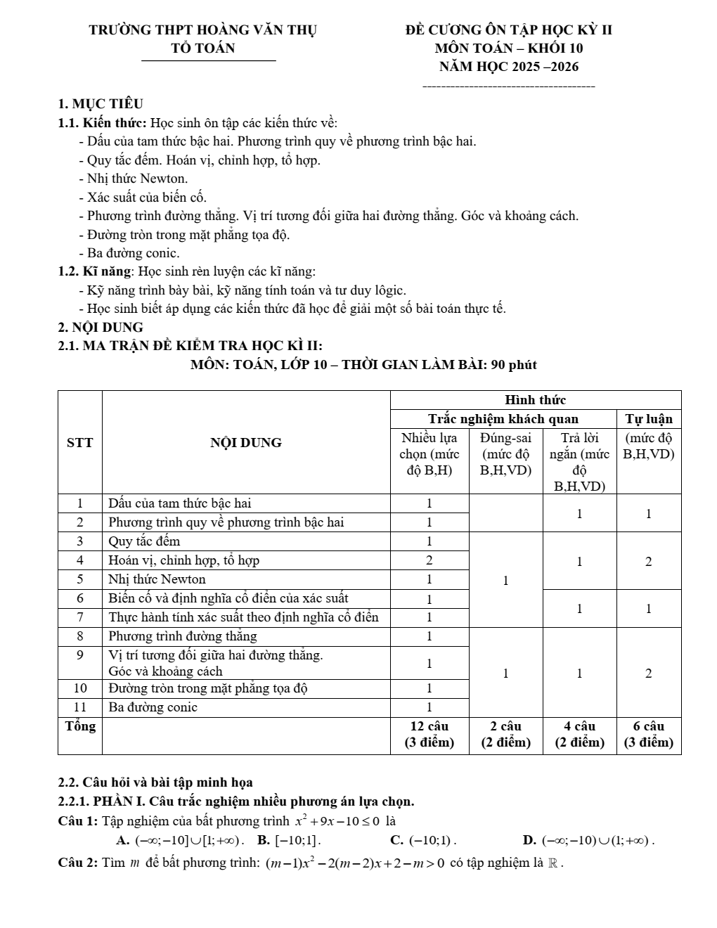 Đề cương ôn tập Học kì 2 Toán 10 trường THPT Hoàng Văn Thụ (Hà Nội) năm 2025–2026