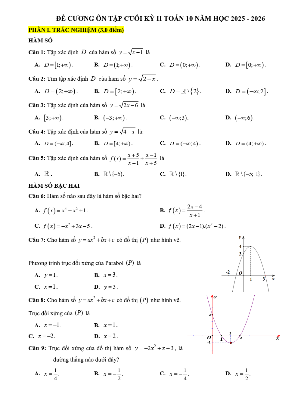 Đề cương ôn tập Học kì 2 Toán 10 trường THPT Hướng Hóa (Quảng Trị) năm 2025–2026