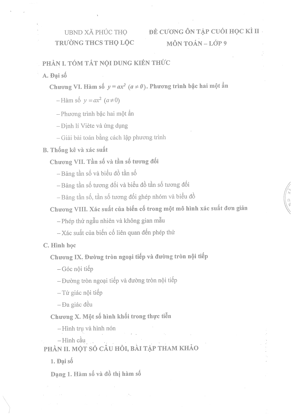 Đề cương ôn tập Học kì 2 Toán 9 trường THCS Thọ Lộc (Hà Nội) năm 2025–2026
